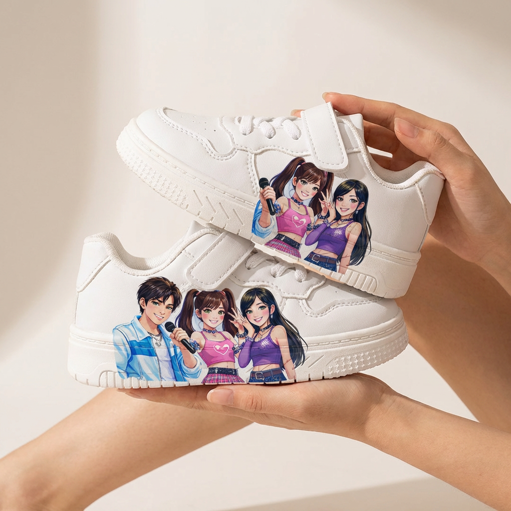 Witte sneakers geïnspireerd op K-popmuziek, voor kinderen van 2-12 jaar.