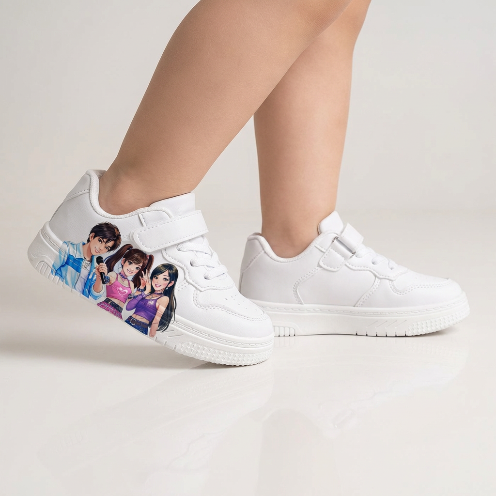 Witte sneakers geïnspireerd op K-popmuziek, voor kinderen van 2-12 jaar.