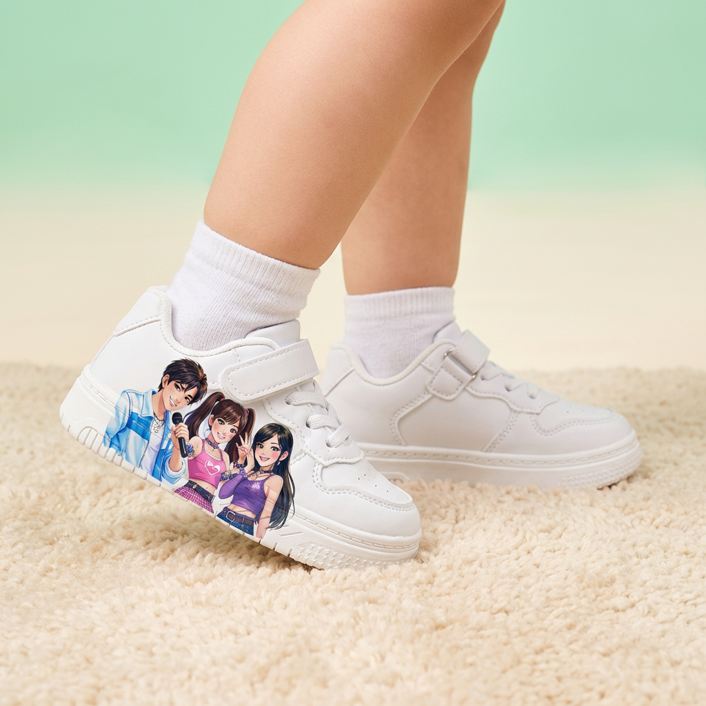 Witte sneakers geïnspireerd op K-popmuziek, voor kinderen van 2-12 jaar.