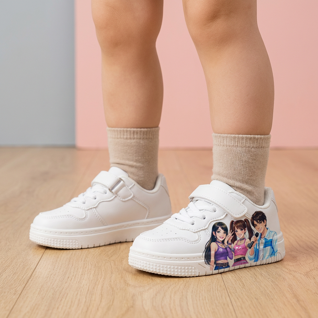 Witte sneakers geïnspireerd op K-popmuziek, voor kinderen van 2-12 jaar.