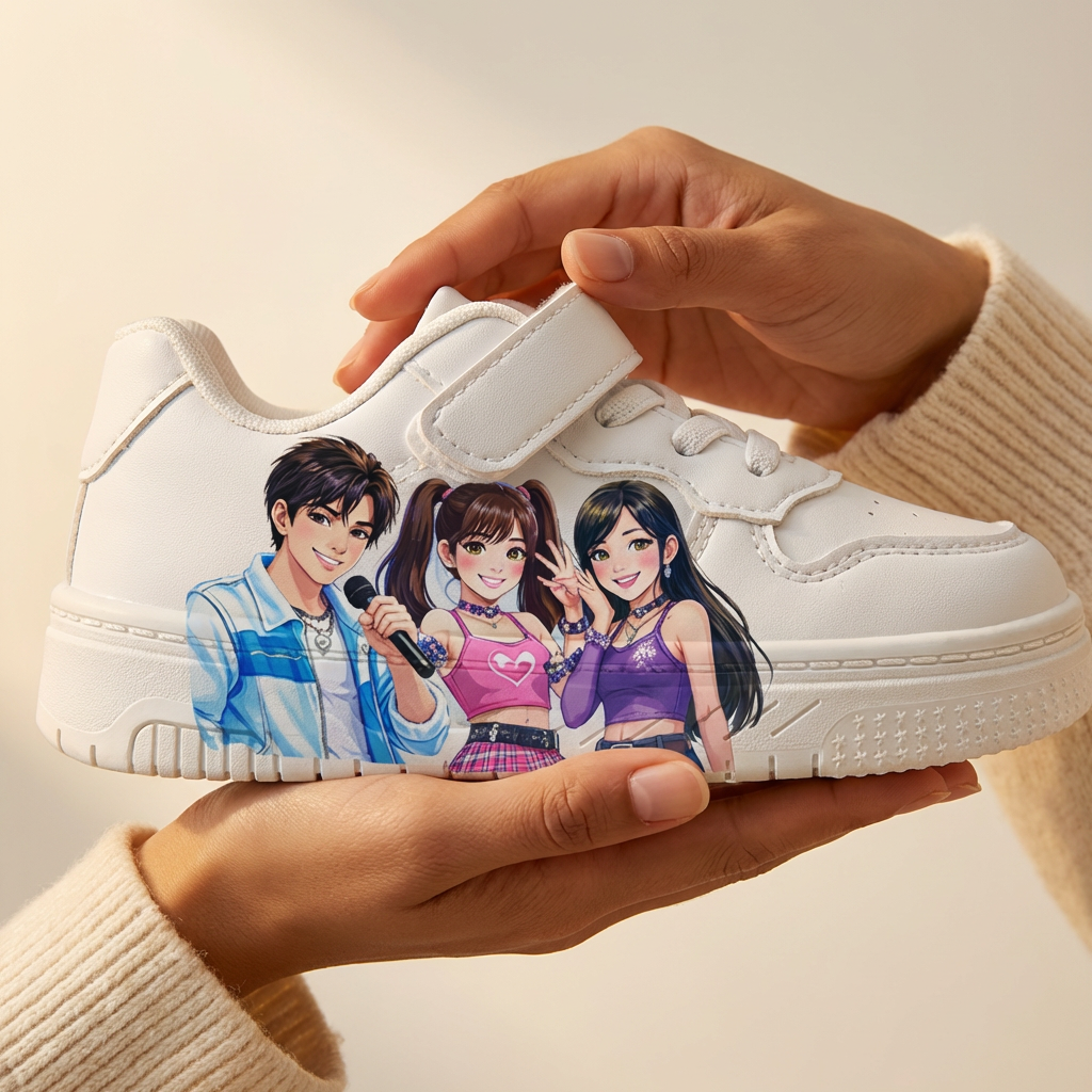 Witte sneakers geïnspireerd op K-popmuziek, voor kinderen van 2-12 jaar.