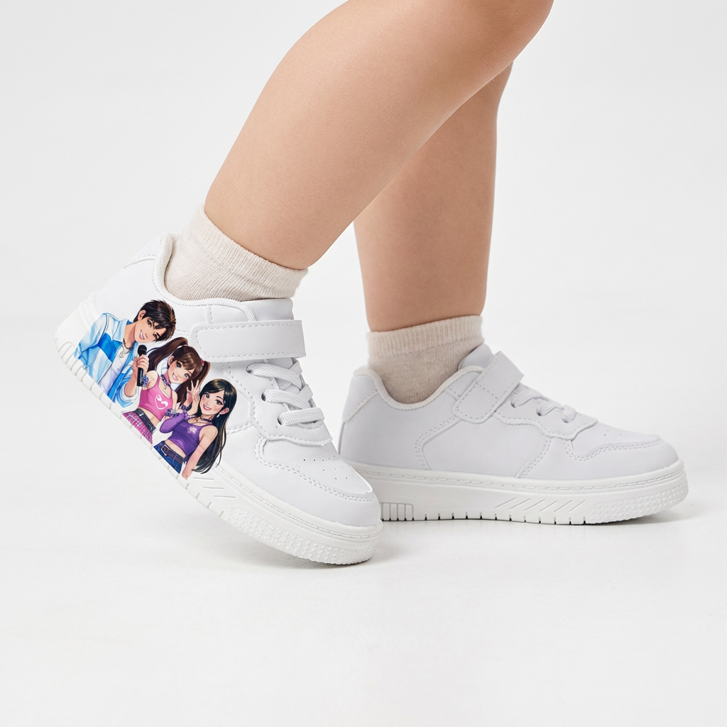 Witte sneakers geïnspireerd op K-popmuziek, voor kinderen van 2-12 jaar.
