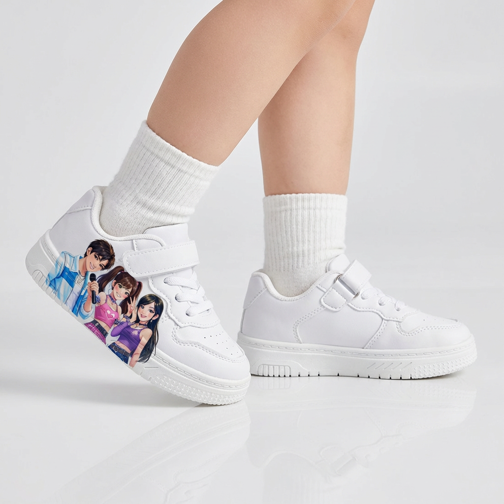 Witte sneakers geïnspireerd op K-popmuziek, voor kinderen van 2-12 jaar.