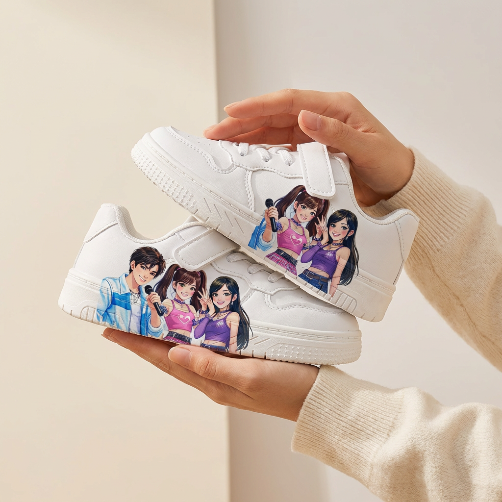 Witte sneakers geïnspireerd op K-popmuziek, voor kinderen van 2-12 jaar.