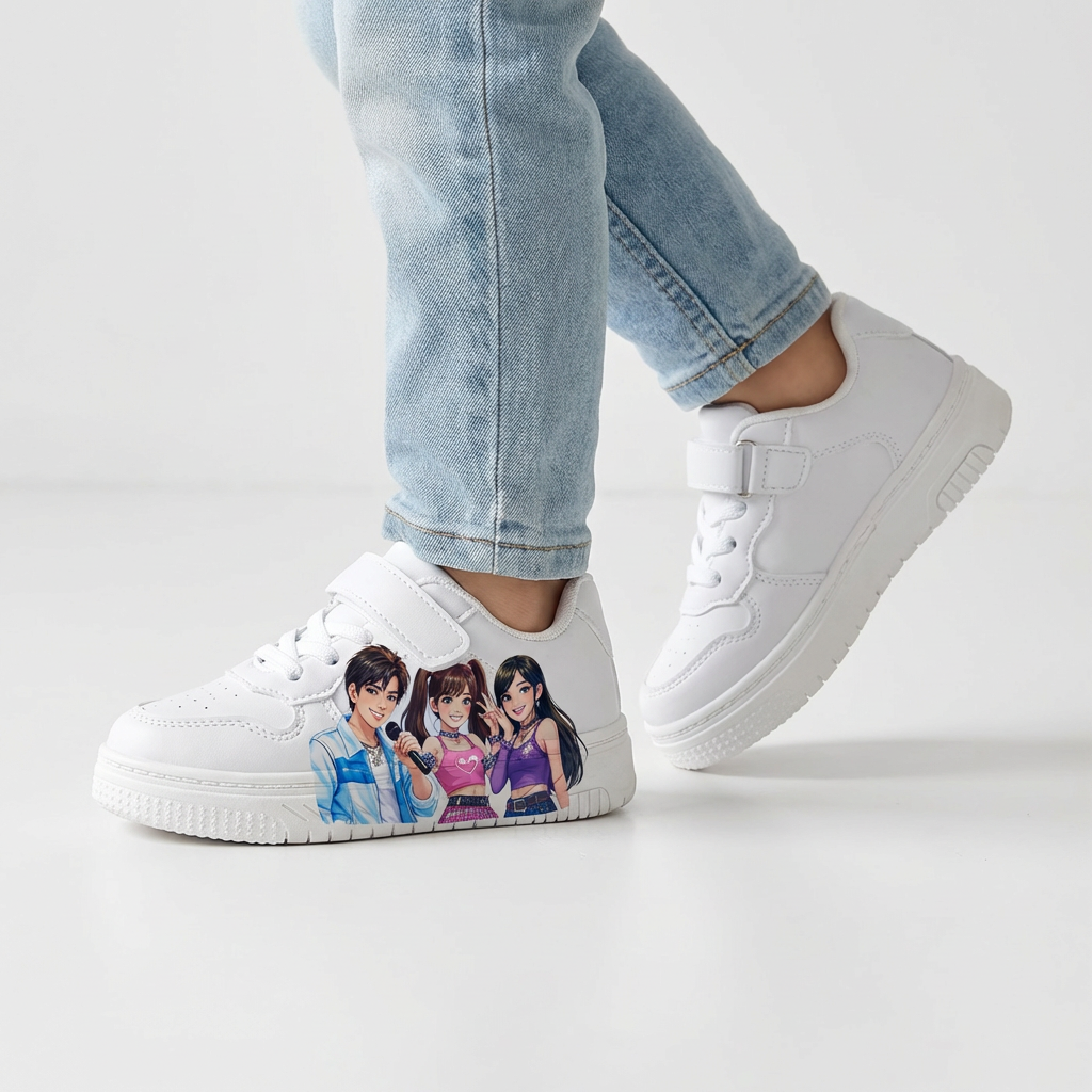 Witte sneakers geïnspireerd op K-popmuziek, voor kinderen van 2-12 jaar.