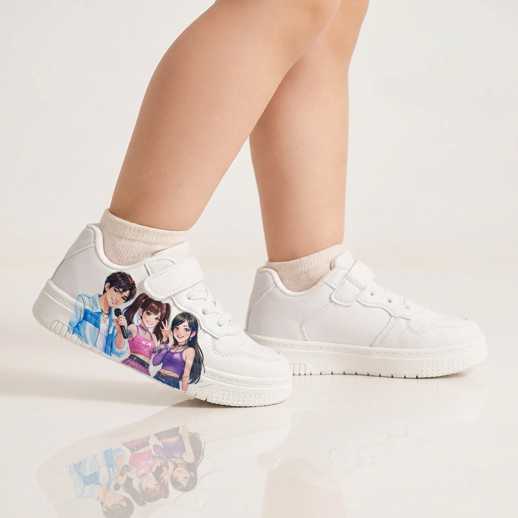 Witte sneakers geïnspireerd op K-popmuziek, voor kinderen van 2-12 jaar.