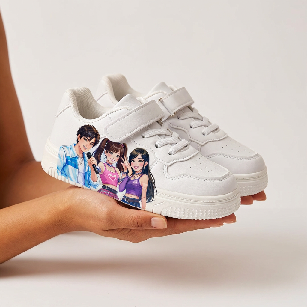 Witte sneakers geïnspireerd op K-popmuziek, voor kinderen van 2-12 jaar.