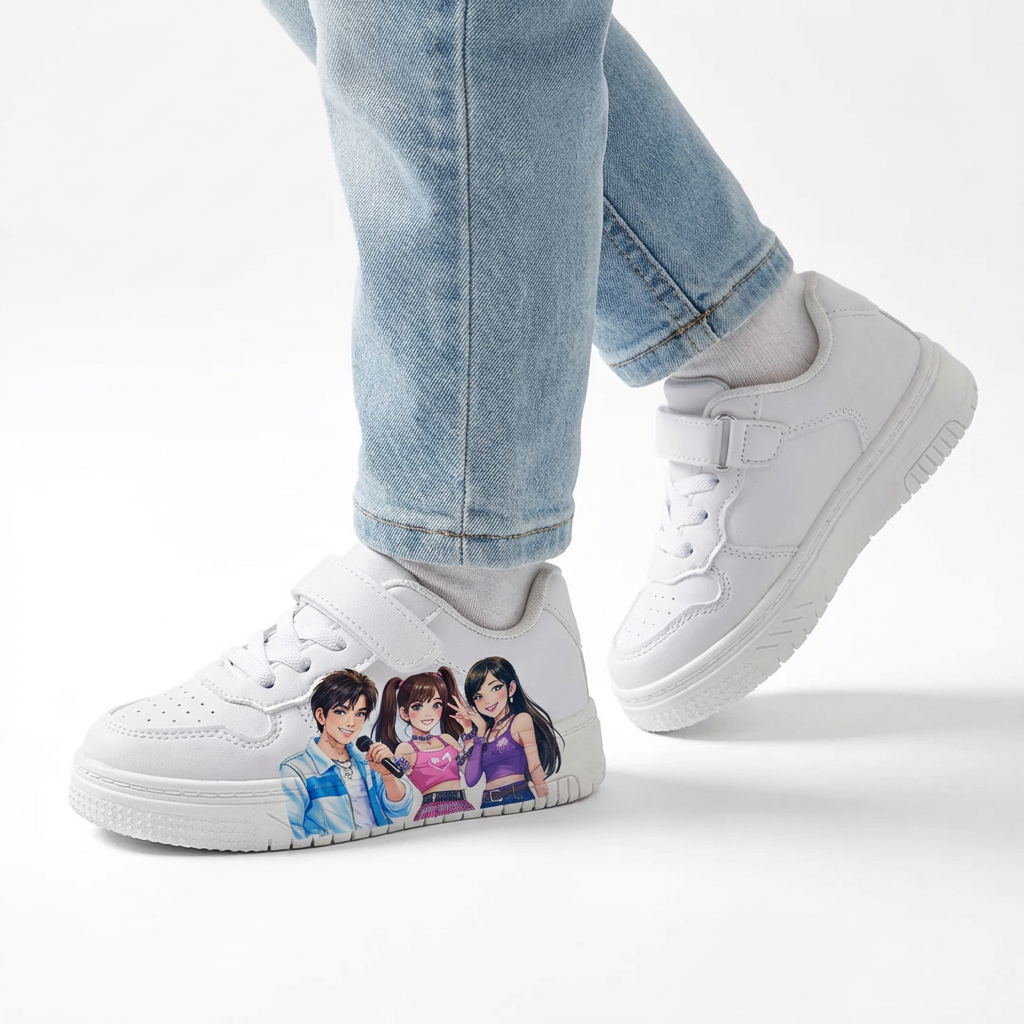 Witte sneakers geïnspireerd op K-popmuziek, voor kinderen van 2-12 jaar.