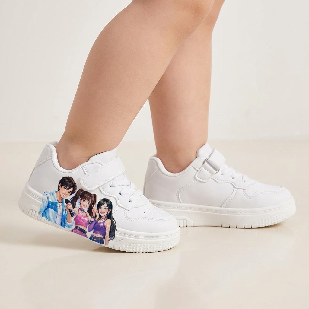 Witte sneakers geïnspireerd op K-popmuziek, voor kinderen van 2-12 jaar.